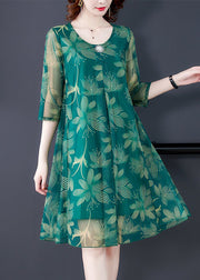 Green Print Tulle Dresses O Neck Half Sleeve