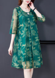 Green Print Tulle Dresses O Neck Half Sleeve