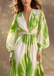 Green Print Wrinkled Chiffon Dress V Neck Spring