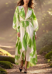 Green Print Wrinkled Chiffon Dress V Neck Spring