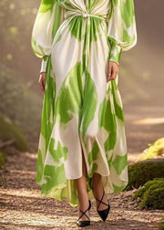 Green Print Wrinkled Chiffon Dress V Neck Spring