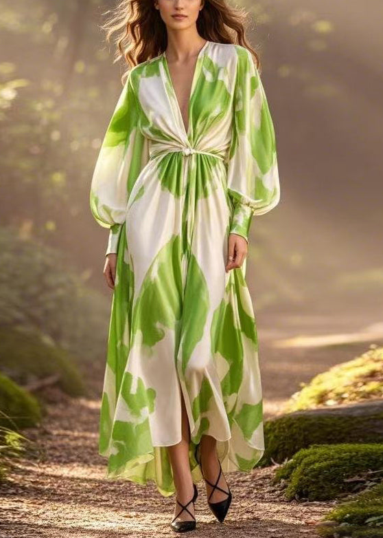 Green Print Wrinkled Chiffon Dress V Neck Spring