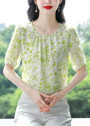 Green Print Wrinkled Chiffon Shirt Top O Neck Summer