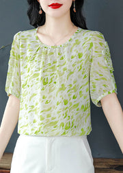 Green Print Wrinkled Chiffon Shirt Top O Neck Summer