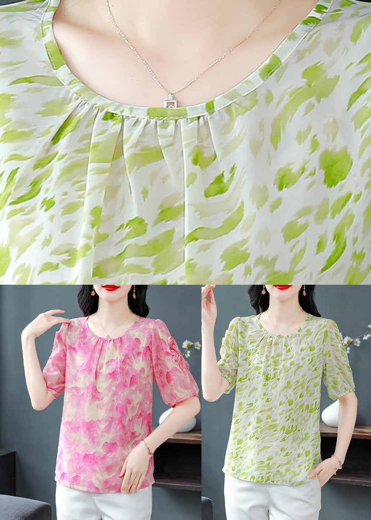 Green Print Wrinkled Chiffon Shirt Top O Neck Summer