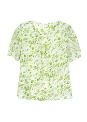 Green Print Wrinkled Chiffon Shirt Top O Neck Summer