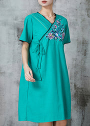 Green Retro Cotton Holiday Dress Embroidered Summer