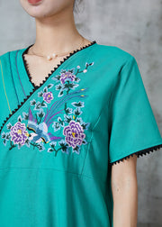 Green Retro Cotton Holiday Dress Embroidered Summer