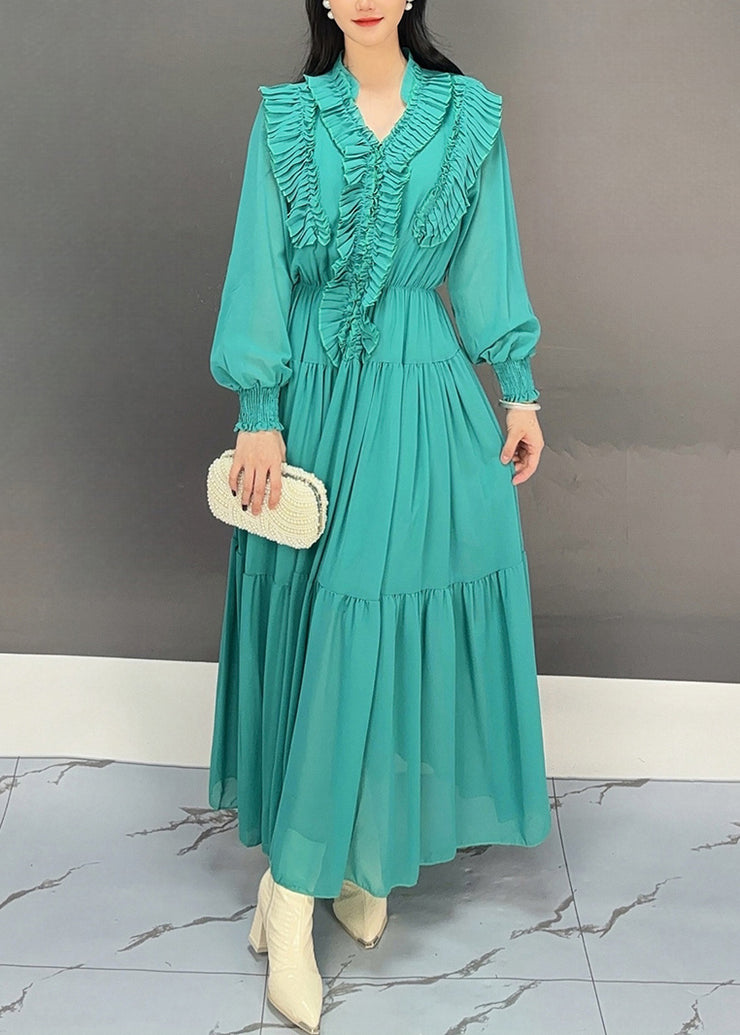 Green Ruffled Patchwork Chiffon Fall Maxi Dress V Neck