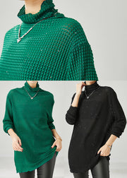 Green Sequins Cotton Shirt Top Turtle Neck Spring