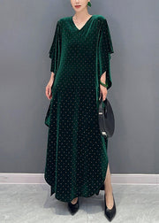 Green Side Open Patchwork Velour Long Dress V Neck Batwing Sleeve