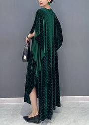 Green Side Open Patchwork Velour Long Dress V Neck Batwing Sleeve