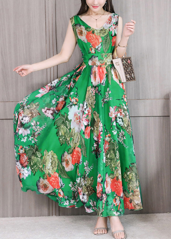 Green Slim Chiffon Maxi Dress Sleeveless