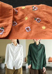 Green Slim Fit Cotton Blouse Top Peter Pan Collar Embroideried Spring