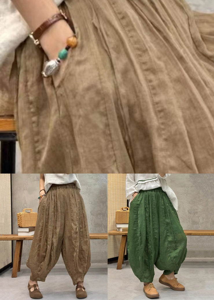 Green Solid Elastic Waist Thin Linen Crop Pants Pockets