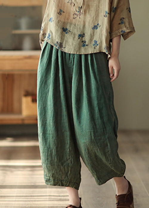 Green Solid Pockets Loose Linen Harem Pants High Waist