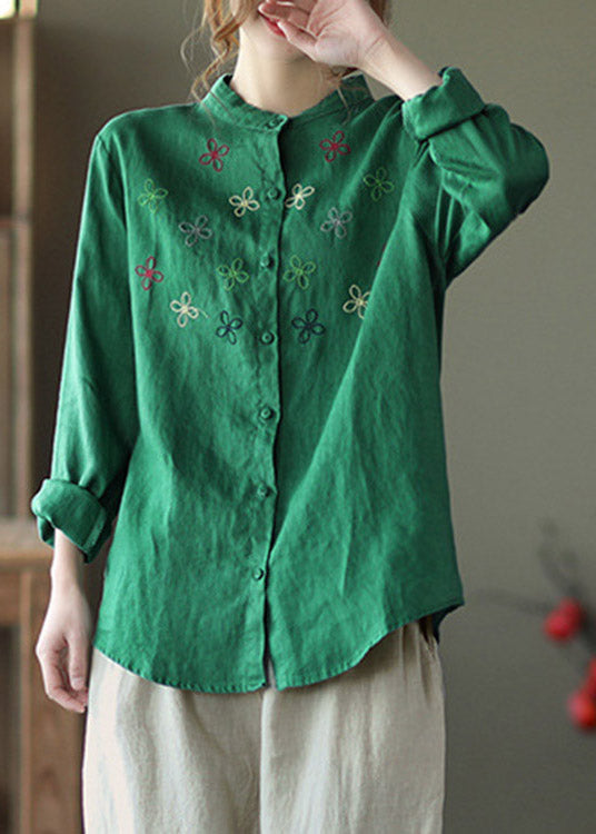 Green Stand Collar Button Linen Shirt Long Sleeve