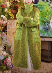 Green Stand Collar Button Maxi Parkas Winter