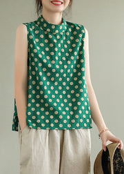 Green Stand Collar Dot Cotton Top Sleeveless