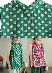 Green Stand Collar Dot Cotton Top Sleeveless