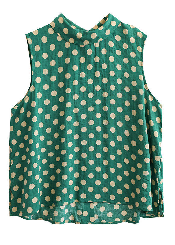 Green Stand Collar Dot Cotton Top Sleeveless