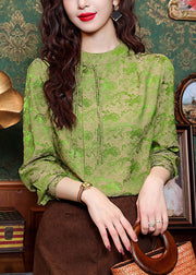Green Stand Collar Tassel Silk Shirt Spring