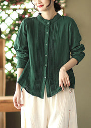 Green Stand Collar Wrinkled Cotton Shirt Long Sleeve