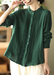 Green Stand Collar Wrinkled Cotton Shirt Long Sleeve