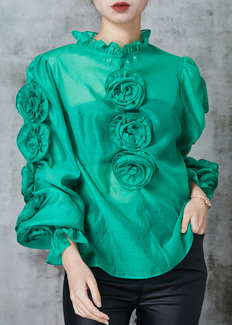 Green Stereoscopic Floral Chiffon Shirt Top Ruffled Spring
