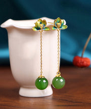 Green Sterling Silver Jade Cloisonne Lotus Tassel Drop Earrings