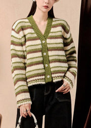 Green Striped Button Original Design Knit Sweater V Neck Winter