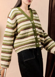 Green Striped Button Original Design Knit Sweater V Neck Winter