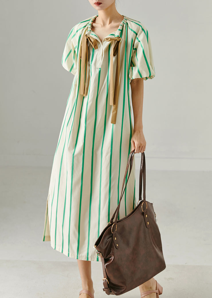 Green Striped Cotton Holiday Dress Drawstring Summer