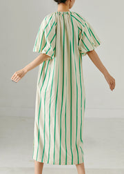 Green Striped Cotton Holiday Dress Drawstring Summer