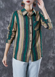 Green Striped Linen Shirt Tops Peter Pan Collar Fall