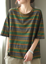 Green Striped Loose Cozy Cotton T Shirts O Neck Half Sleeve