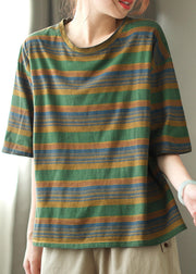 Green Striped Loose Cozy Cotton T Shirts O Neck Half Sleeve