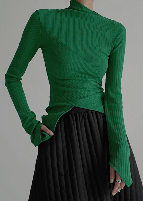 Green Striped Patchwor Side Open Knit Sweater