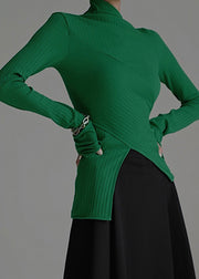 Green Striped Patchwor Side Open Knit Sweater