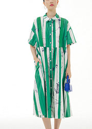 Green Striped Patchwork Button Cotton Long Dress Short Sleeve