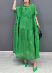 Green Striped Patchwork Cotton Long Dresses Pockets Short Sleeve