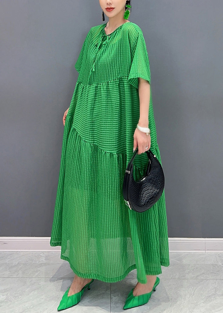 Green Striped Patchwork Cotton Long Dresses Pockets Short Sleeve