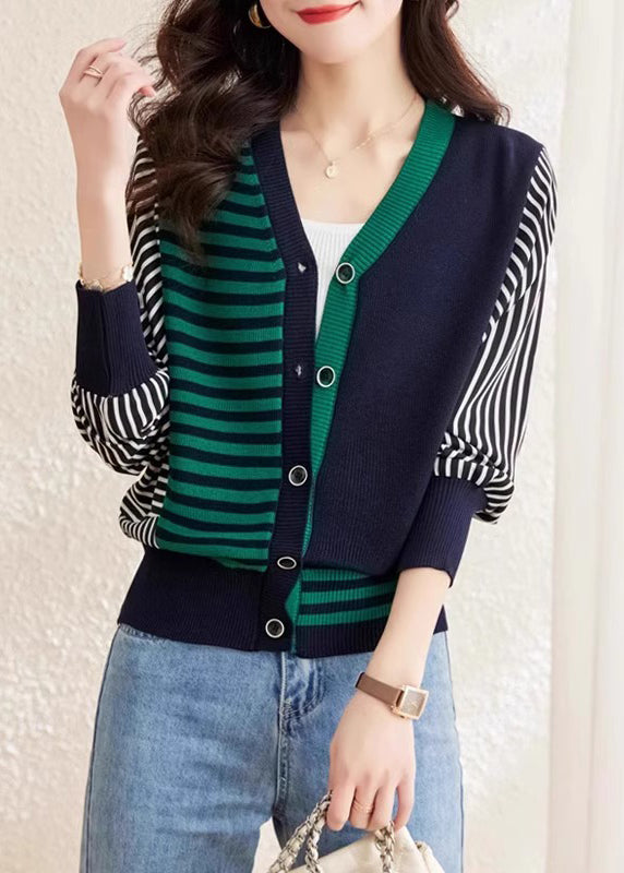 Green Striped Patchwork Woolen Sweaters V Neck Spring