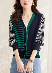 Green Striped Patchwork Woolen Sweaters V Neck Spring