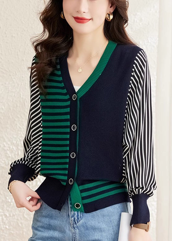 Green Striped Patchwork Woolen Sweaters V Neck Spring