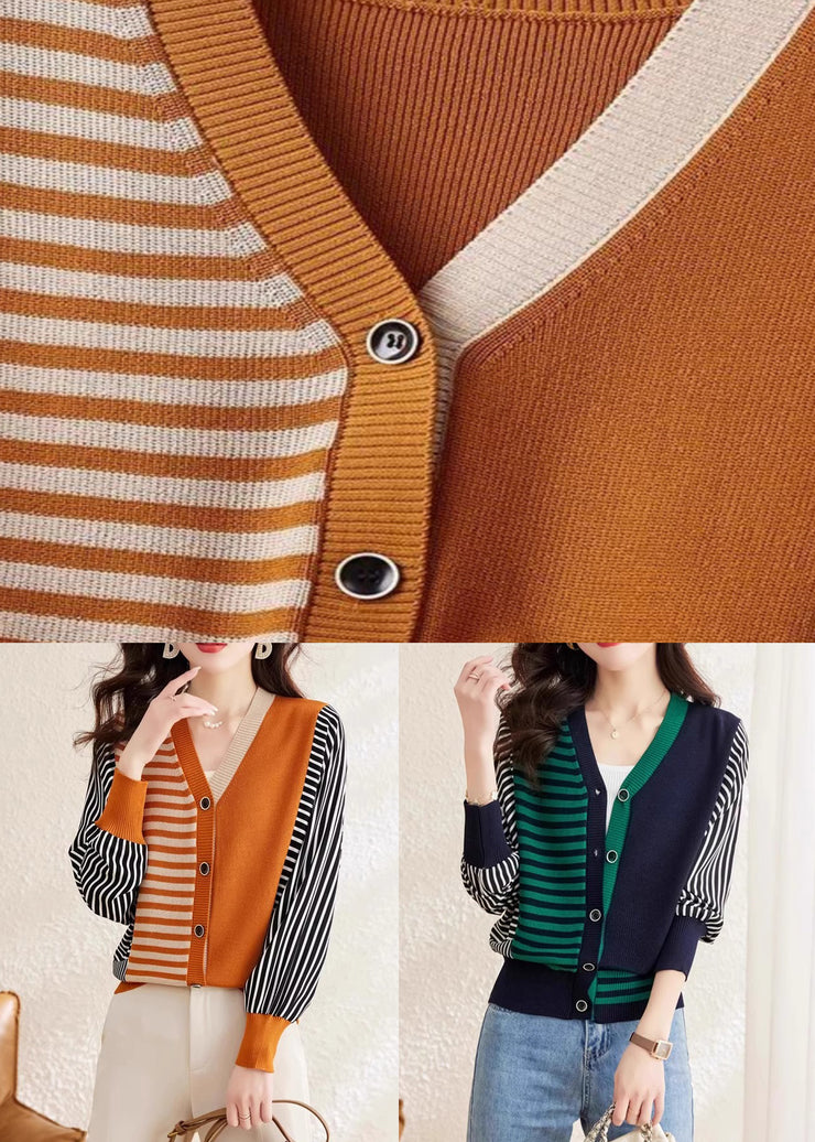 Green Striped Patchwork Woolen Sweaters V Neck Spring