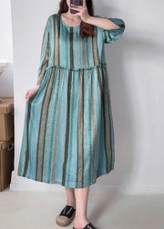 Green Striped Silk Party Dress Oversized Ruffled Fall