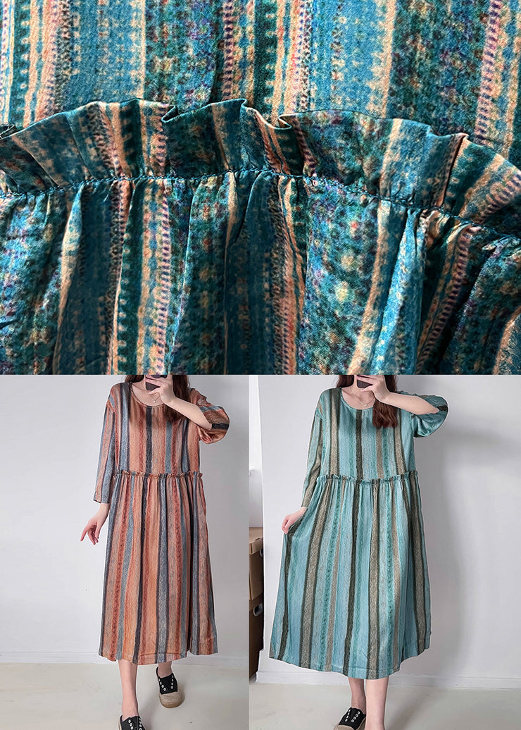 Green Striped Silk Party Dress Oversized Ruffled Fall