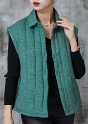 Green Thick Fine Cotton Filled Vest Peter Pan Collar Pockets Spring