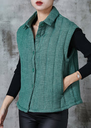 Green Thick Fine Cotton Filled Vest Peter Pan Collar Pockets Spring
